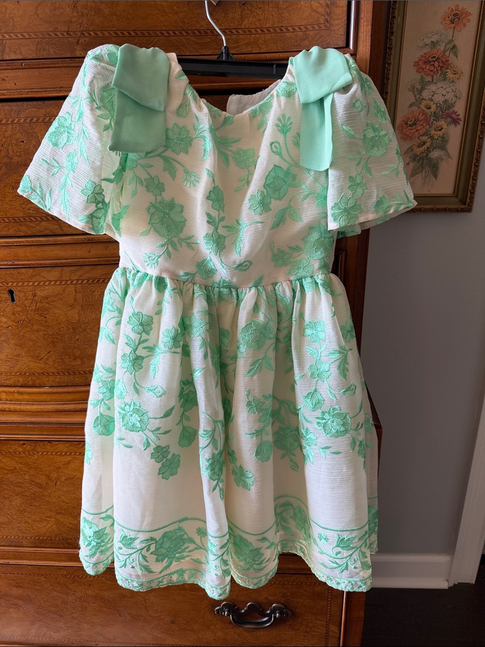 Girls' Mint Floral Bow-Shoulder Fit & Flare Dress